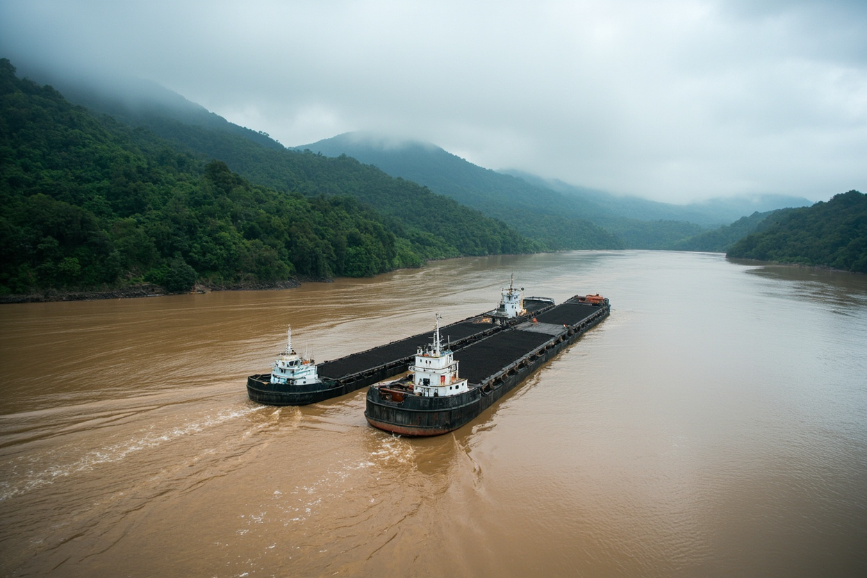 Tugboat pushing barge on Kalimantan river